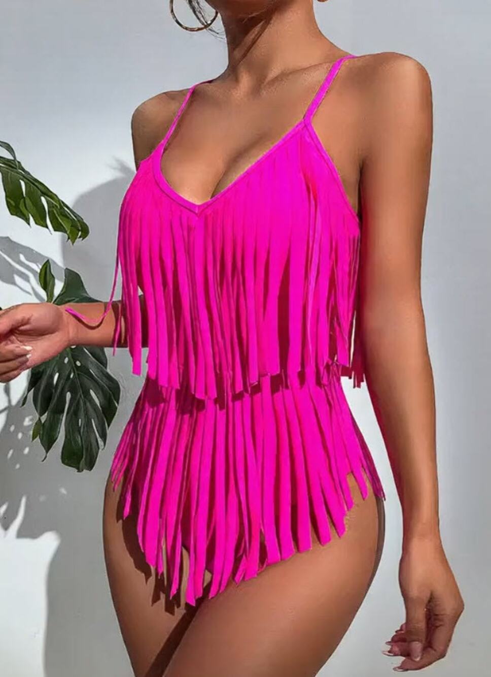 Women 1 Piece Pink Fringe Tummy Control Monokini Swimsuit SZ XL
